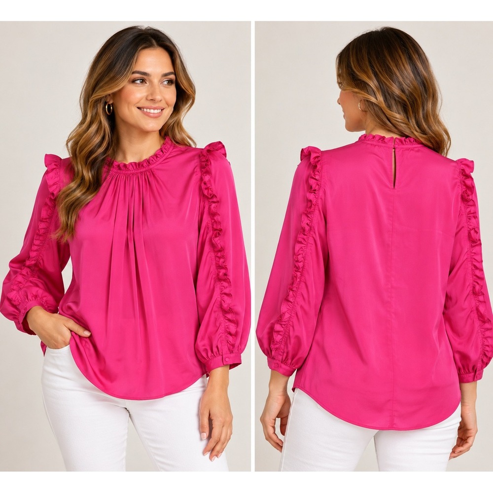 J.Crew Womens Pink Ruffle Trim Long Sleeve Blouse Fuchsia Satin Top S